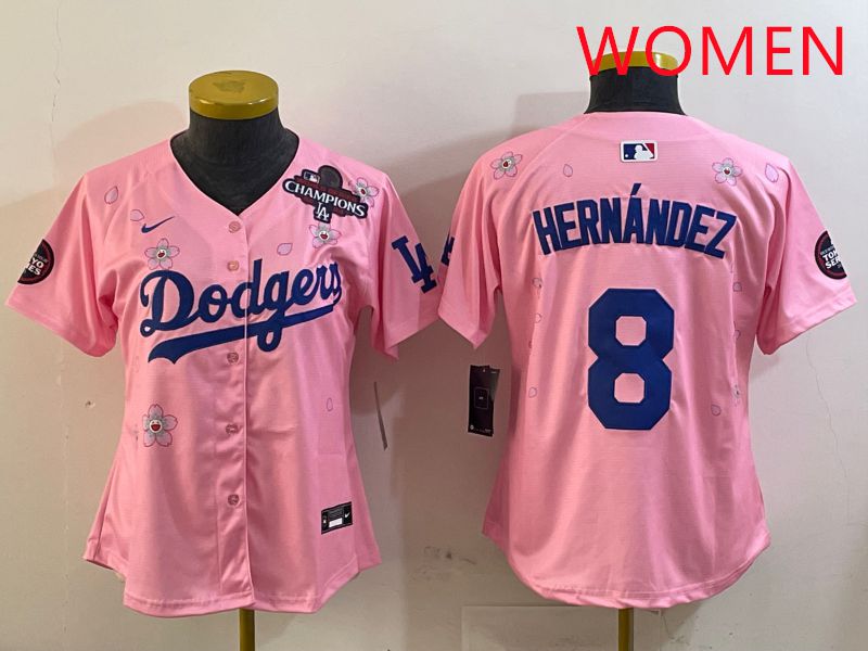 Women Los Angeles Dodgers #8 Hernandez Pink Sakura Edition 2025 Nike MLB Jersey style 3